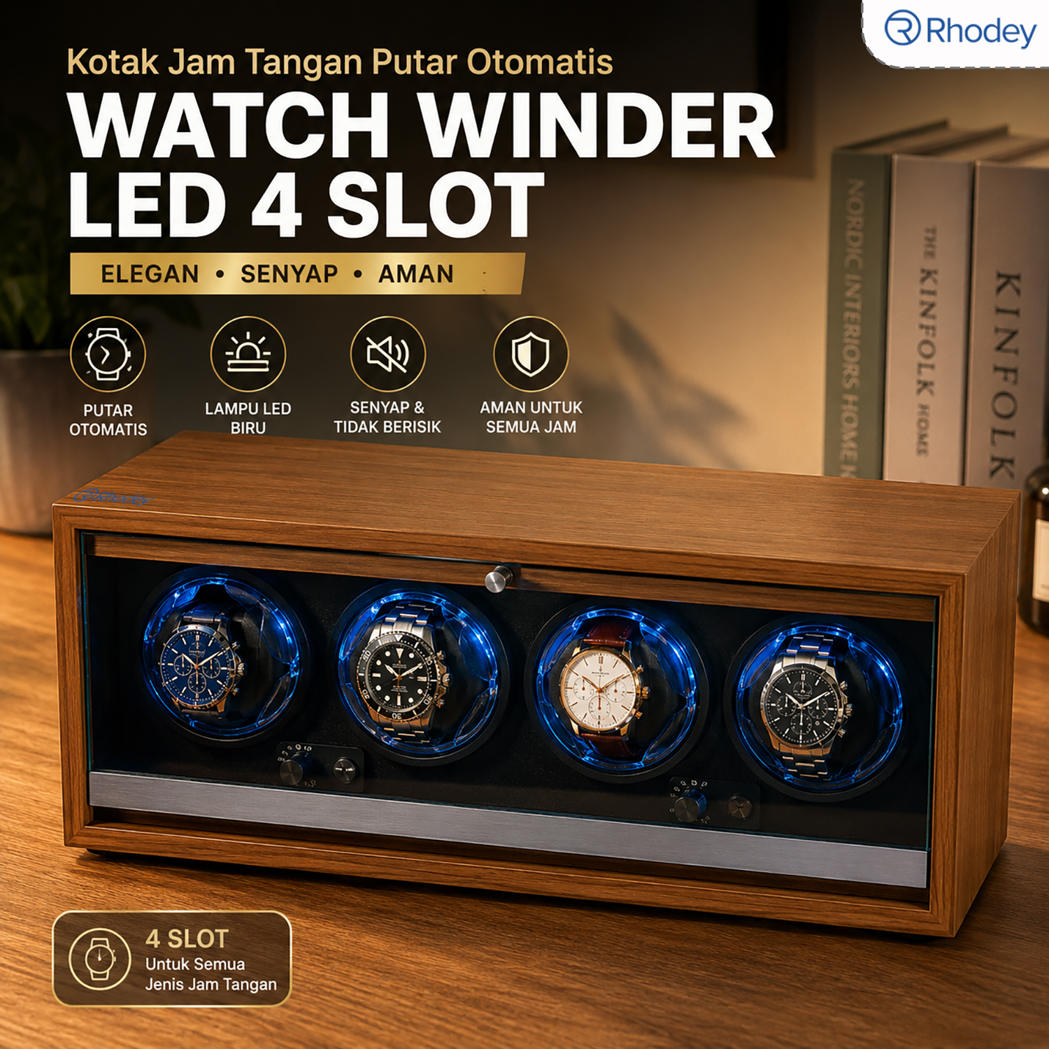 Rhodey Kotak Jam Tangan Putar Otomatis Watch Winder LED 4 Slot - SKW164-B Gambar produk Rhodey Kotak Jam Tangan Putar Otomatis Watch Winder LED 4 Slot - SKW164-B - Utama