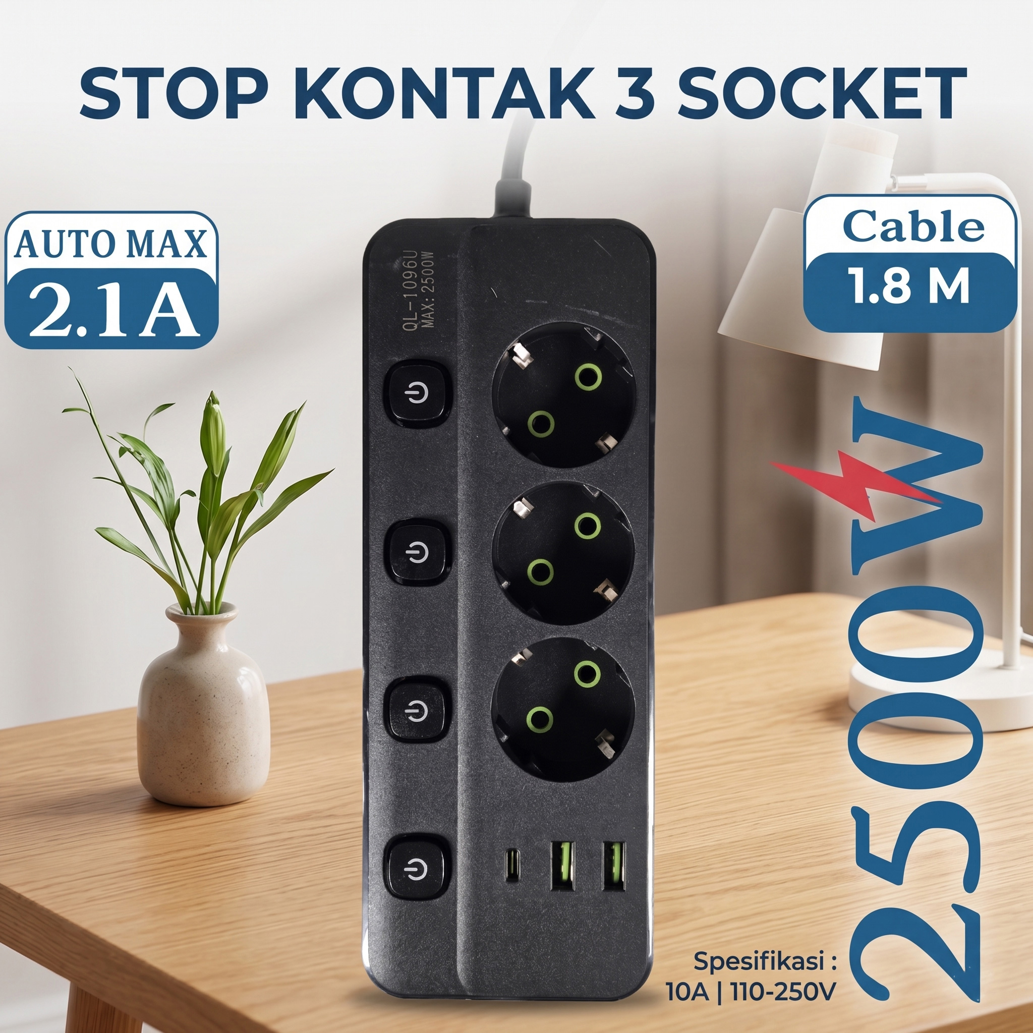 QIAOLIAN Stop Kontak Kabel USB Type C 10A 110-250V 2500W 1.8M 3 Lubang - QL-1096U Gambar produk QIAOLIAN Stop Kontak Kabel USB Type C 10A 110-250V 2500W 1.8M 3 Lubang - QL-1096U - Utama