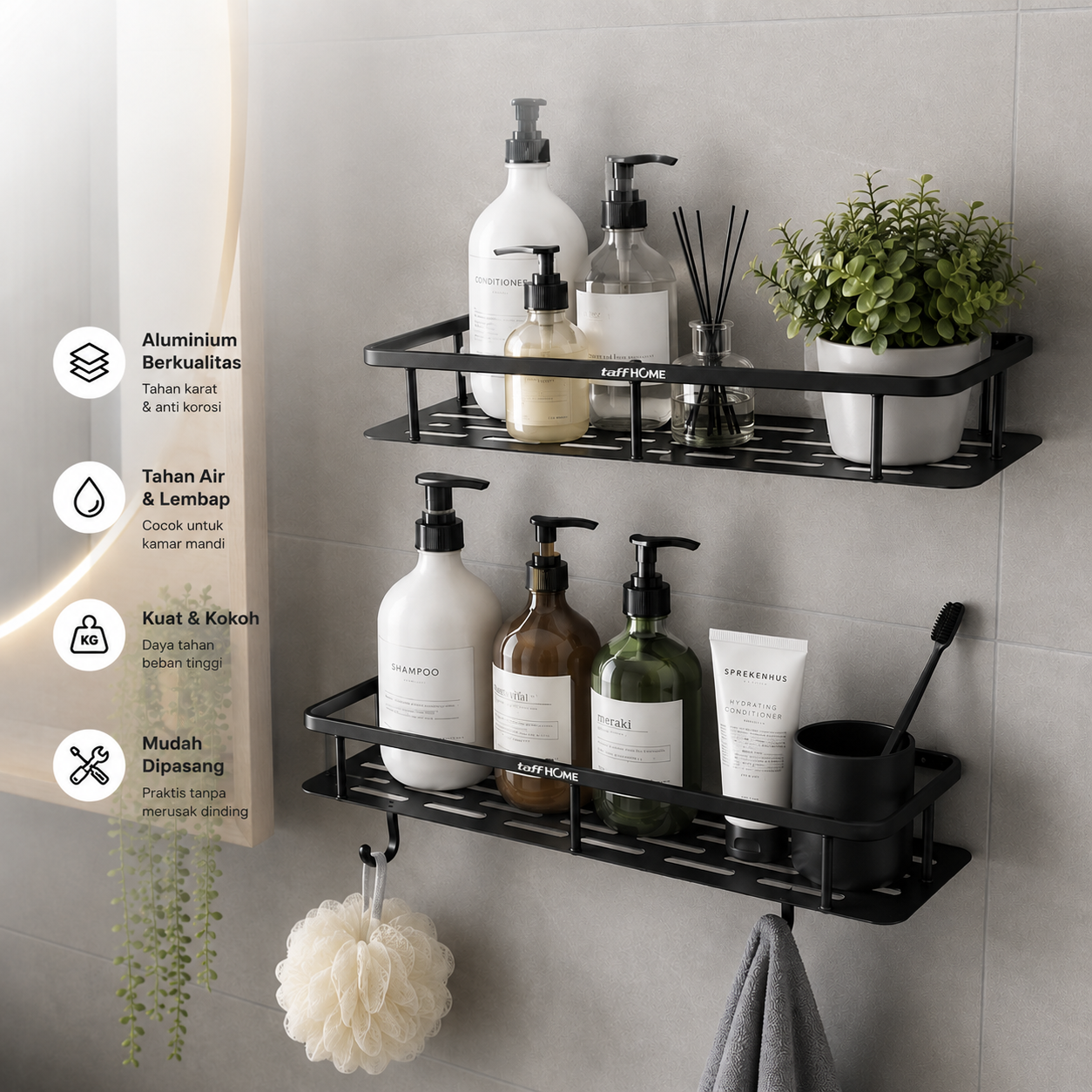 TaffHOME Rak Gantung Kamar Mandi Organizer Rack Aluminium 2 PCS - SHR241 Gambar produk TaffHOME Rak Gantung Kamar Mandi Organizer Rack Aluminium 2 PCS - SHR241 - 3