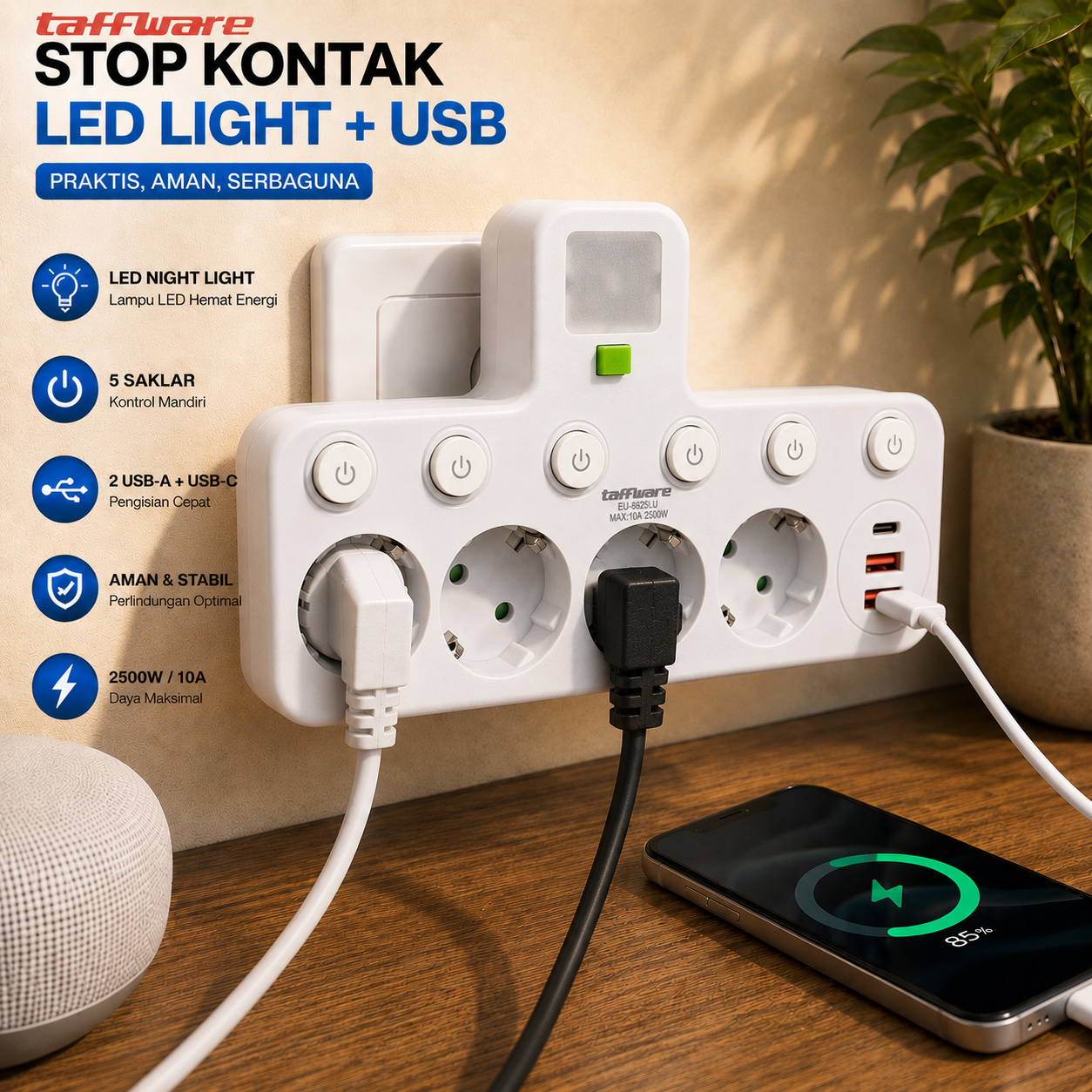 Taffware Stop Kontak LED Light USB Type C EU Plug 10A 250V 2500W 4 Soket - EU-8624UL / EU-8625UL Gambar produk Taffware Stop Kontak LED Light USB Type C EU Plug 10A 250V 2500W 4 Soket - EU-8624UL / EU-8625UL - Utama