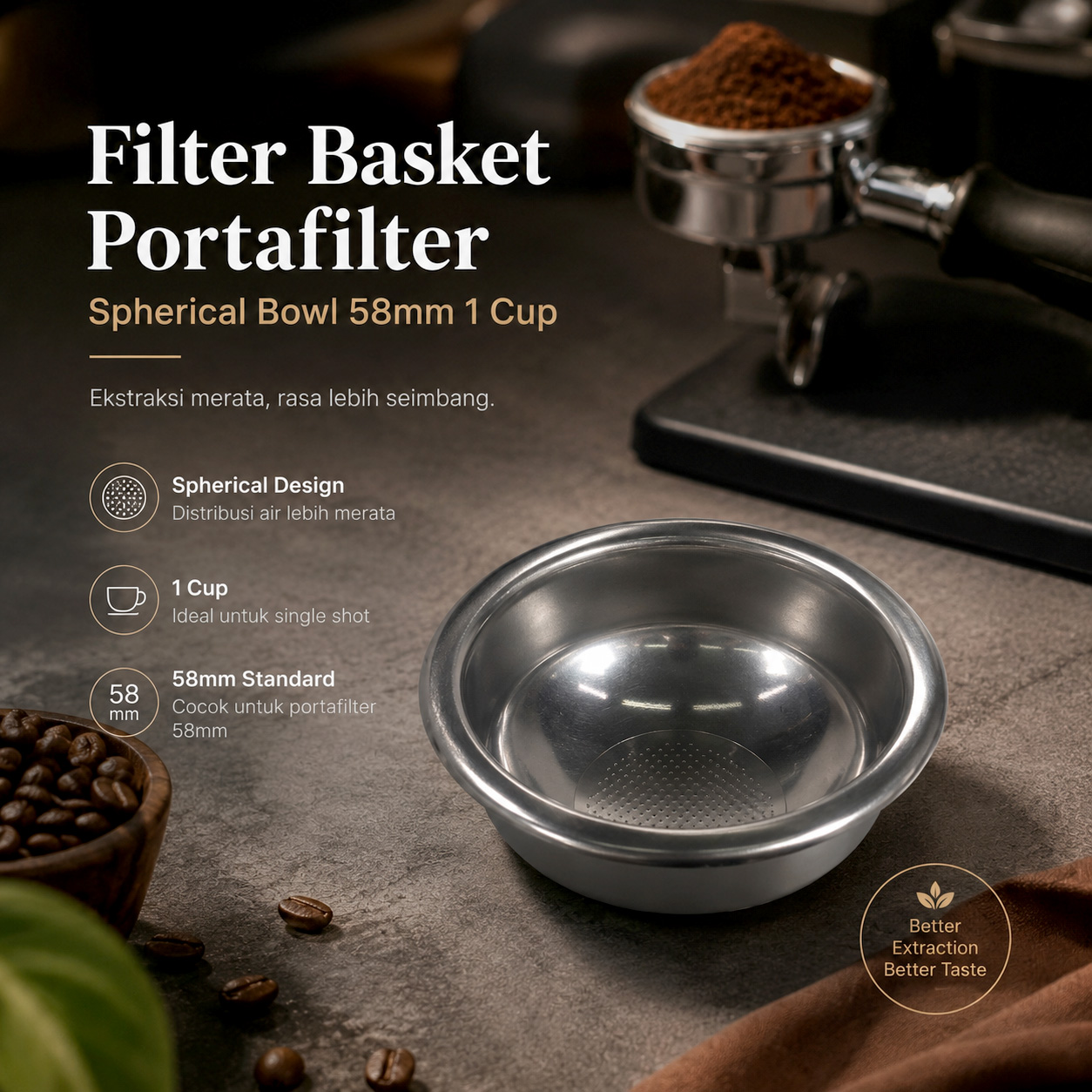Dalinwell Filter Basket Portafilter Spherical Coffee Bowl 58mm 1 Cup - DWL-52P Gambar produk Dalinwell Filter Basket Portafilter Spherical Coffee Bowl 58mm 1 Cup - DWL-52P - Utama