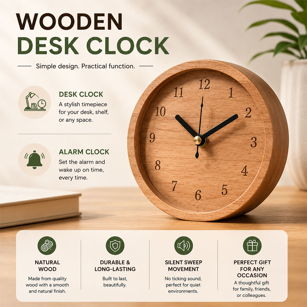 Gambar produk TaffHOME Jam Meja Kayu Bulat Alarm Analog Desk Clock Round Shape - TX605 - Utama