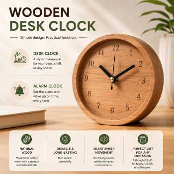 TaffHOME Jam Meja Kayu Bulat Alarm Analog Desk Clock Round Shape - TX605
