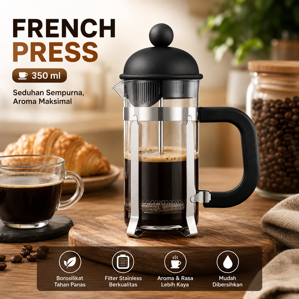VIGOR French Press Coffee Maker Pot Plunger Borosilicate Glass 350ml - FS35 Gambar produk VIGOR French Press Coffee Maker Pot Plunger Borosilicate Glass 350ml - FS35 - Utama