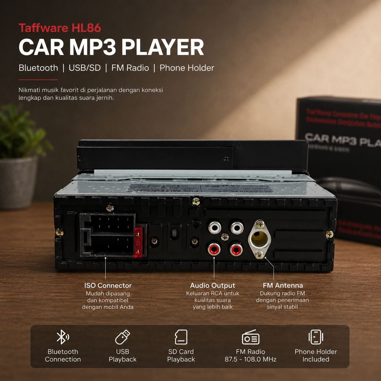 Taffware Tape Mobil Audio MP3 Player Bluetooth USB ISO Phone Holder - HL86 Gambar produk Taffware Tape Mobil Audio MP3 Player Bluetooth USB ISO Phone Holder - HL86 - 2