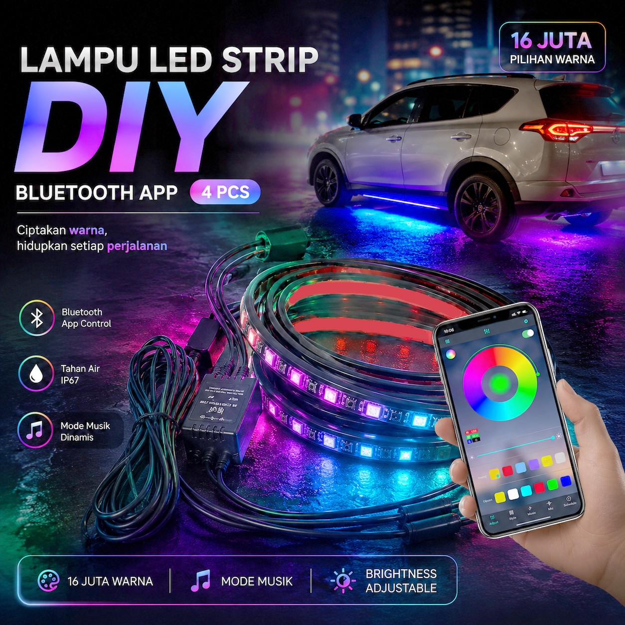 EJ's Lampu LED Strip DIY Flexible RGB Bluetooth App Controller 4 PCS - JIA4 Gambar produk EJ's Lampu LED Strip DIY Flexible RGB Bluetooth App Controller 4 PCS - JIA4 - Utama