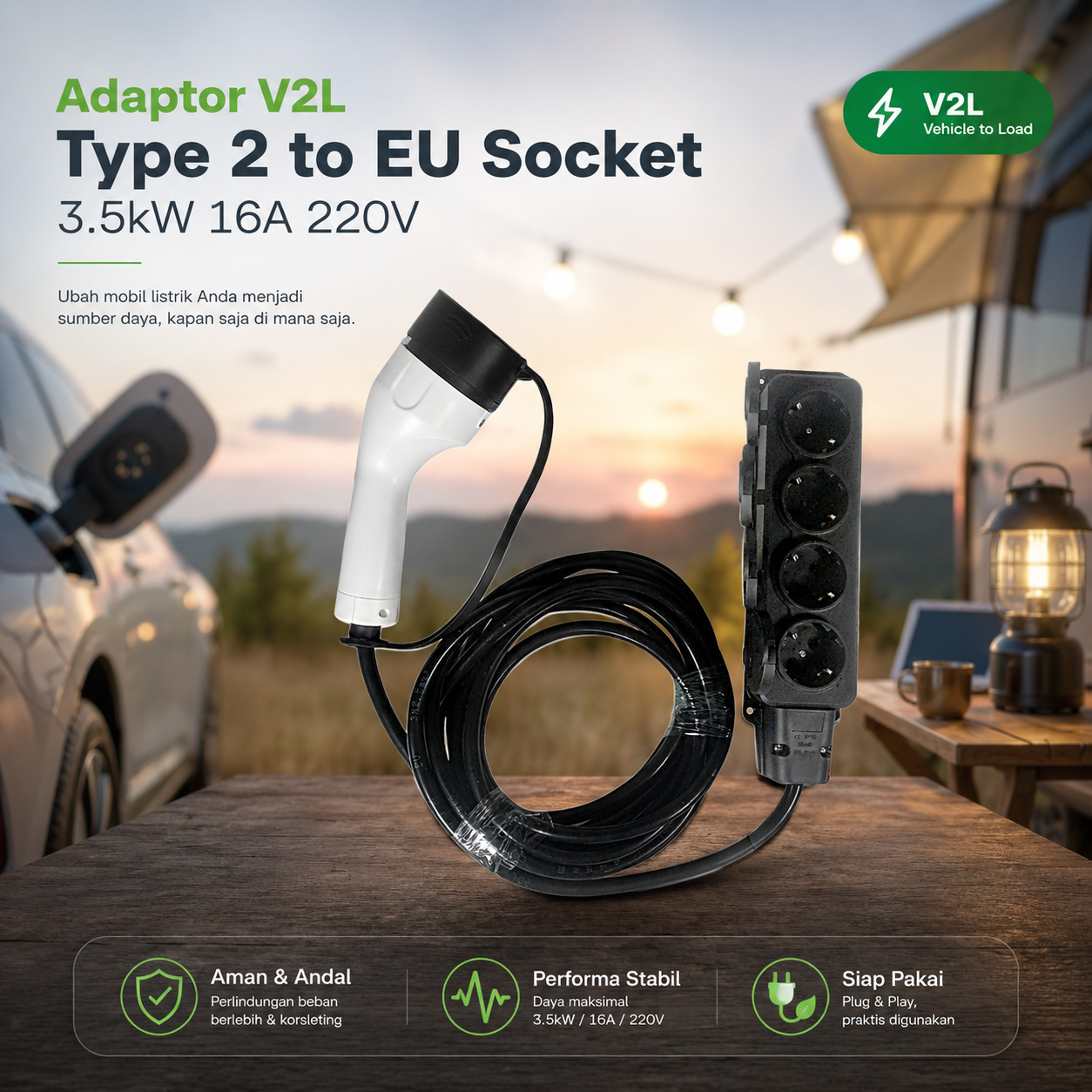 Gambar produk EVOLADO Adaptor V2L Mobil Listrik Type 2 to EU Socket 3.5kW 16A 220V - EDC07 - Utama