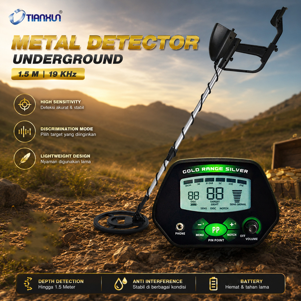 TIANXUN Pendeteksi Logam Underground Metal Gold Silver Detector Finder - MD-4090 Gambar produk TIANXUN Pendeteksi Logam Underground Metal Gold Silver Detector Finder - MD-4090 - Utama