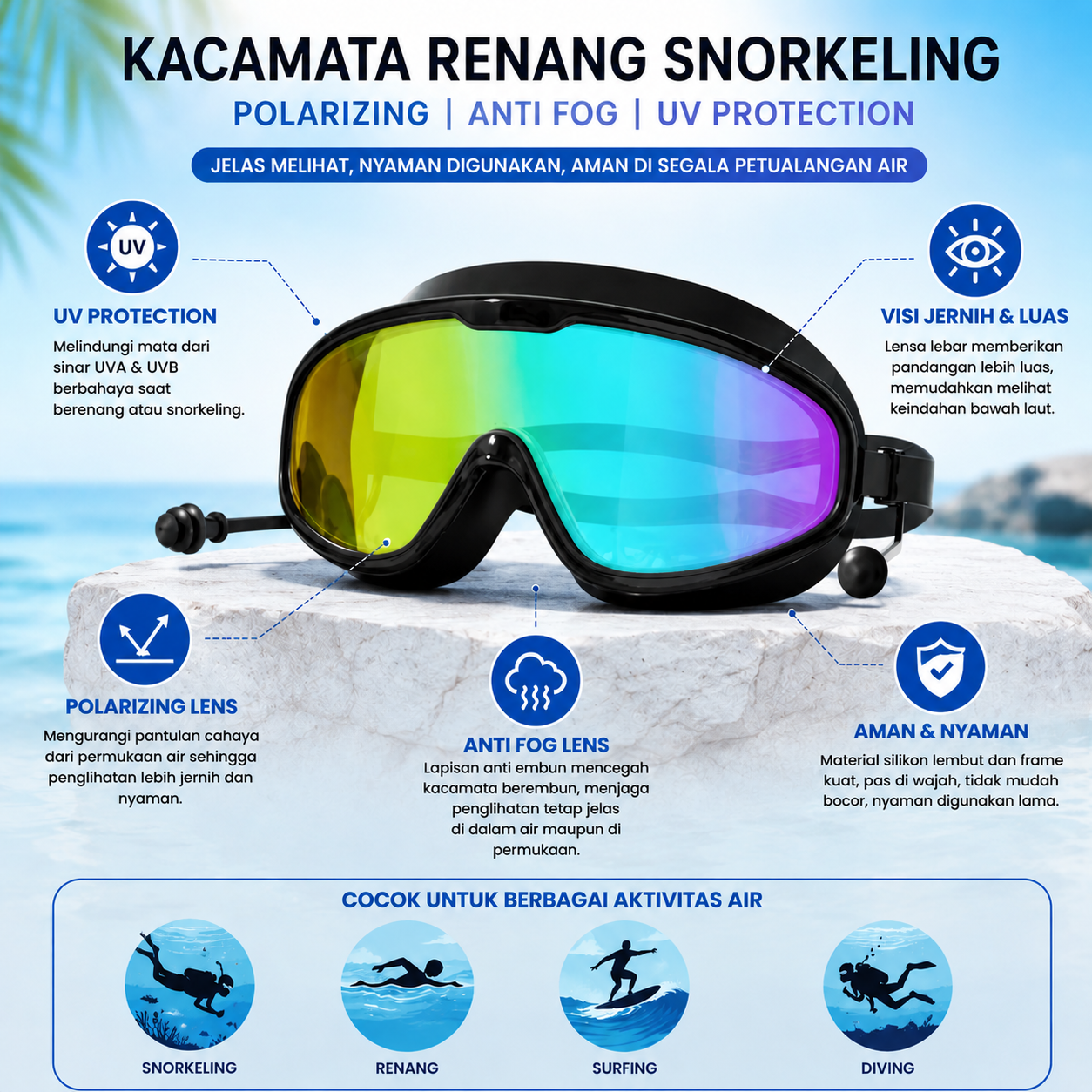 JOUYOU Kacamata Renang Snorkeling Polarizing Anti Fog UV Protection - JY192 Gambar produk JOUYOU Kacamata Renang Snorkeling Polarizing Anti Fog UV Protection - JY192 - 3