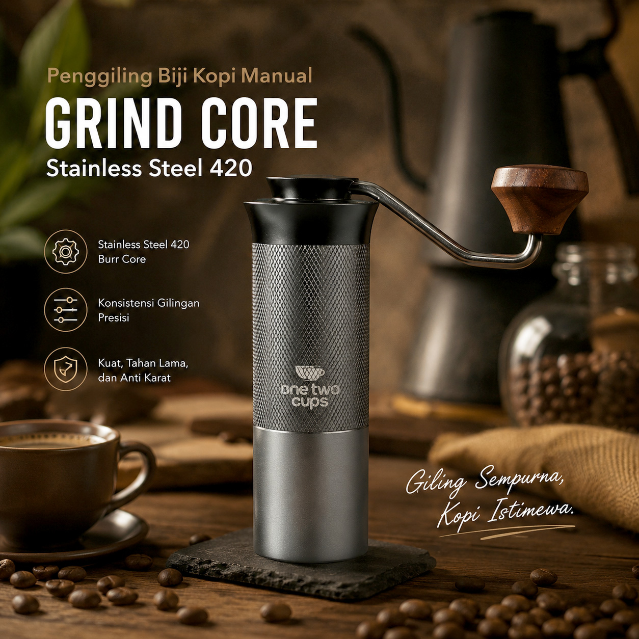 One Two Cups Penggiling Kopi Manual Coffee Grinder Stainless 420 - X1 Gambar produk One Two Cups Penggiling Kopi Manual Coffee Grinder Stainless 420 - X1 - Utama