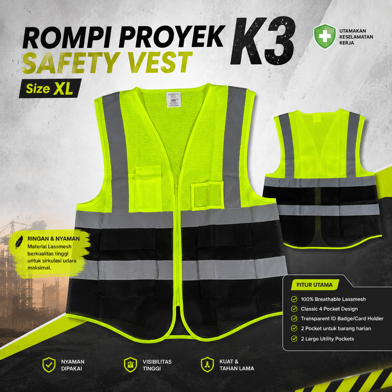 SPARDWEAR Rompi Proyek K3 Safety Vest Reflective High Visibility XL - 316 Gambar produk SPARDWEAR Rompi Proyek K3 Safety Vest Reflective High Visibility XL - 316 - Utama