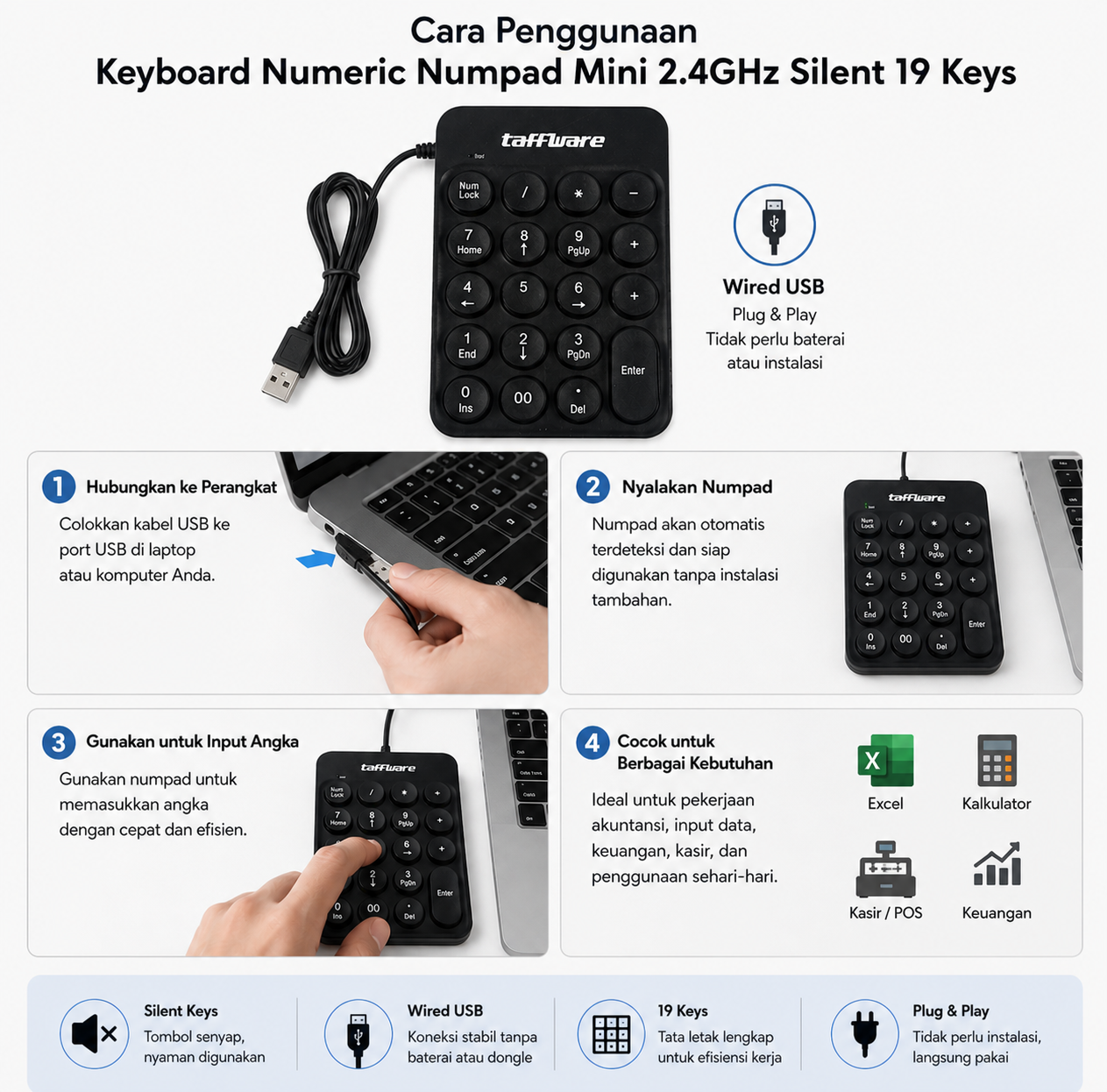 Taffware Keyboard Numeric Numpad Mini 2.4GHz Silent 19 Keys Wired - Q9 Gambar produk Taffware Keyboard Numeric Numpad Mini 2.4GHz Silent 19 Keys Wired - Q9 - 3