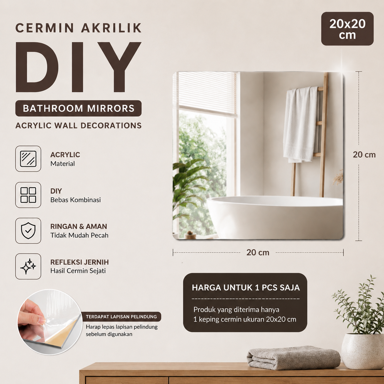 Gambar produk LEVO Cermin Akrilik DIY Bathroom Mirrors Acrylic Wall Decorations Kecil - L01 - Utama