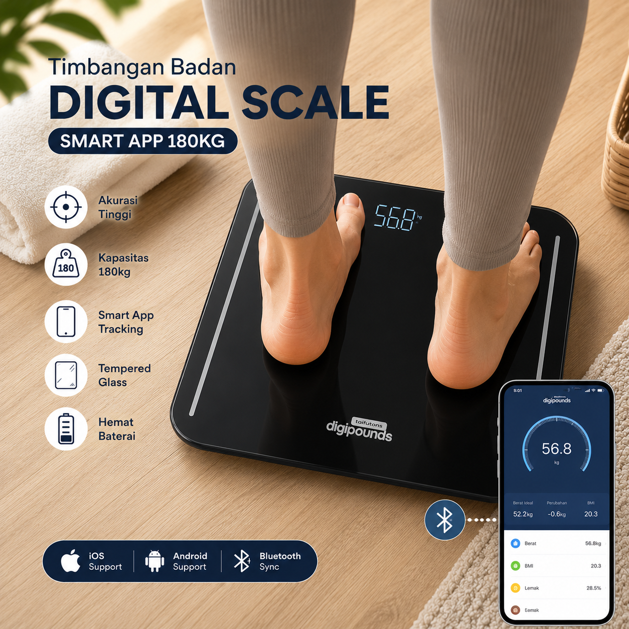Taffware Digipounds Timbangan Badan Digital Scale Tempered Glass 180kg - B7089 Gambar produk Taffware Digipounds Timbangan Badan Digital Scale Tempered Glass 180kg - B7089 - Utama