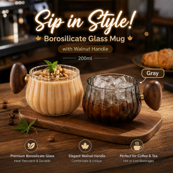 Bincoo Gelas Kaca Kopi Teh Borosilicate Glass Walnut Handle 200ml - BC200