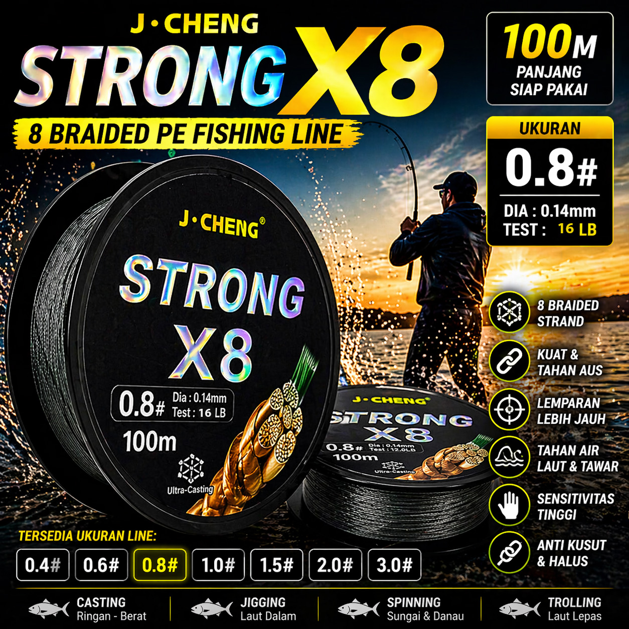 J-Cheng Senar Pancing PE 8 Braided Strand Fishing Line 100M 0.8 - JC4188 Gambar produk J-Cheng Senar Pancing PE 8 Braided Strand Fishing Line 100M 0.8 - JC4188 - Utama