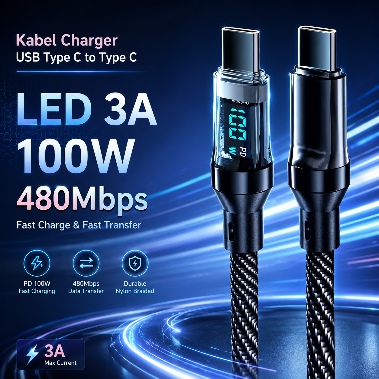 Gambar produk NNBILI Kabel Charger USB Type C to Type C Fast Charging LED 3A 100W 1M - NNC10 - Utama