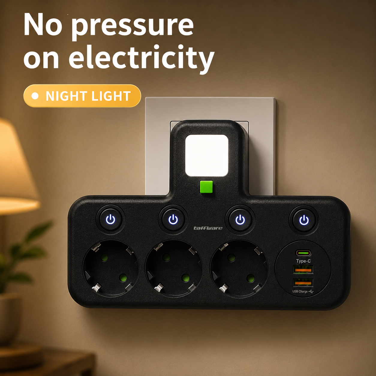 Taffware Stop Kontak LED Light USB Type C EU Plug 10A 250V 2500W 3 Soket - EU-8624UL / EU-8625UL Gambar produk Taffware Stop Kontak LED Light USB Type C EU Plug 10A 250V 2500W 3 Soket - EU-8624UL / EU-8625UL - 3