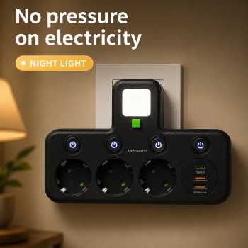 Gambar produk Taffware Stop Kontak LED Light USB Type C EU Plug 10A 250V 2500W 3 Soket - EU-8624UL / EU-8625UL - 3