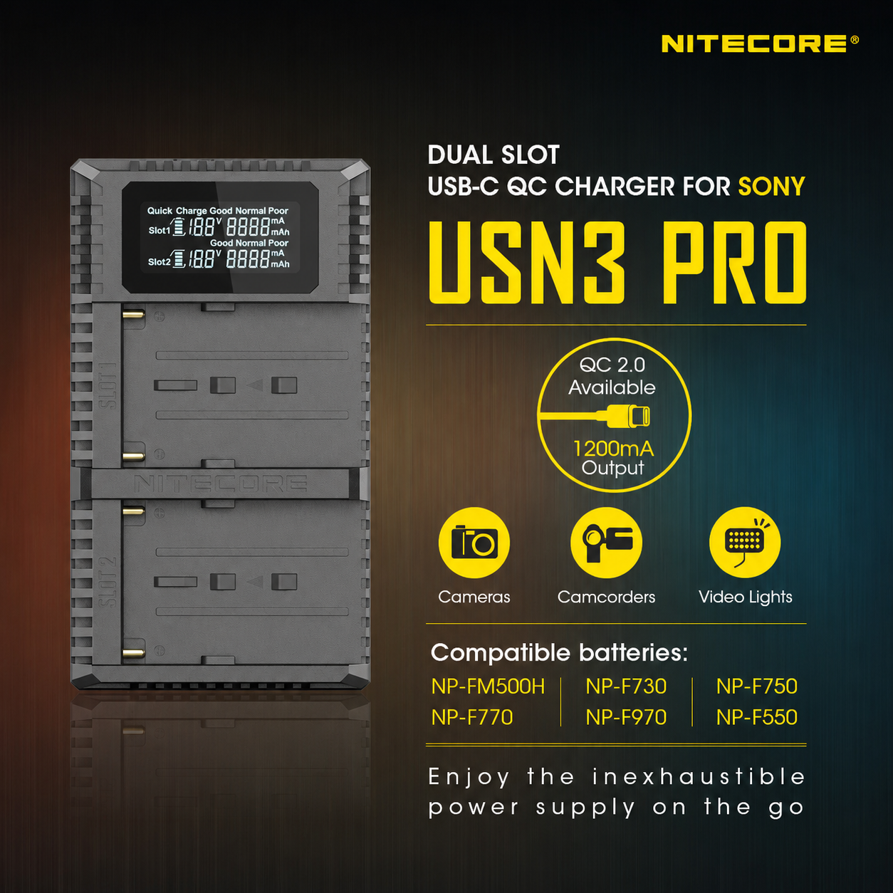 Gambar produk NITECORE Charger Baterai 2 Slot Sony NP-FM500H NP-F730 NP-F750 QC LCD - USN3 Pro - Utama
