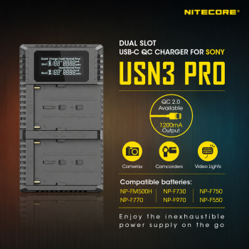 NITECORE Charger Baterai 2 Slot Sony NP-FM500H NP-F730 NP-F750 QC LCD - USN3 Pro