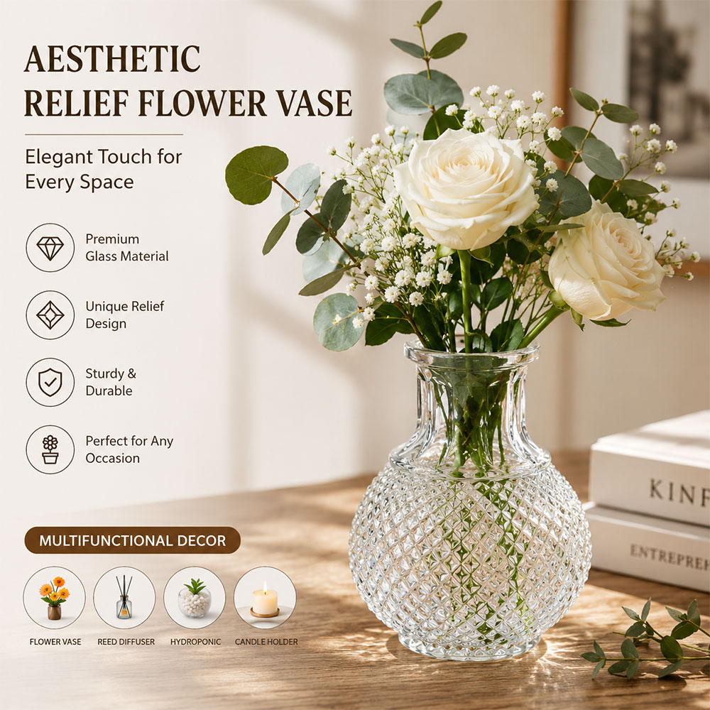 TaffHOME Vas Bunga Botol Kaca Estetik Multifungsi Relief Flower Vase - FN-12 Gambar produk TaffHOME Vas Bunga Botol Kaca Estetik Multifungsi Relief Flower Vase - FN-12 - Utama