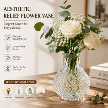 TaffHOME Vas Bunga Botol Kaca Estetik Multifungsi Relief Flower Vase - FN-12