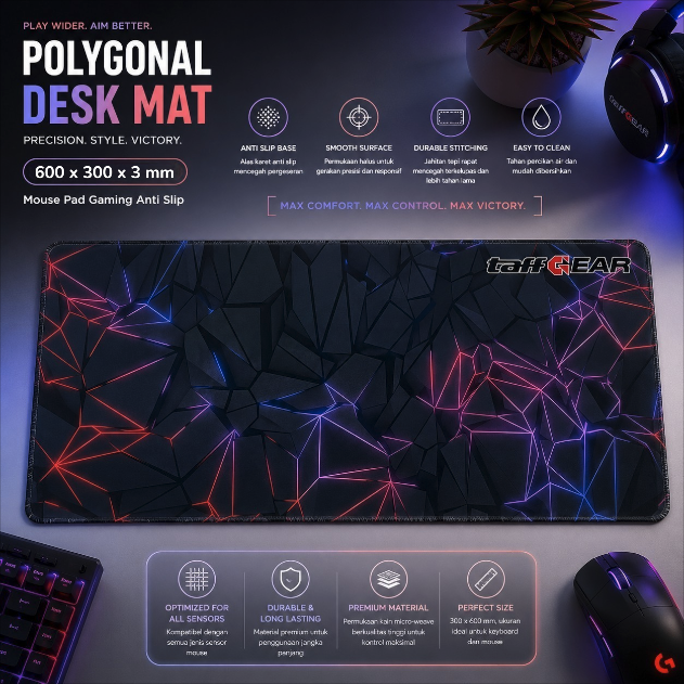 TaffGEAR Mouse Pad Gaming Polygonal Desk Mat Anti Slip 600x300x3mm - LM-990 Gambar produk TaffGEAR Mouse Pad Gaming Polygonal Desk Mat Anti Slip 600x300x3mm - LM-990 - Utama