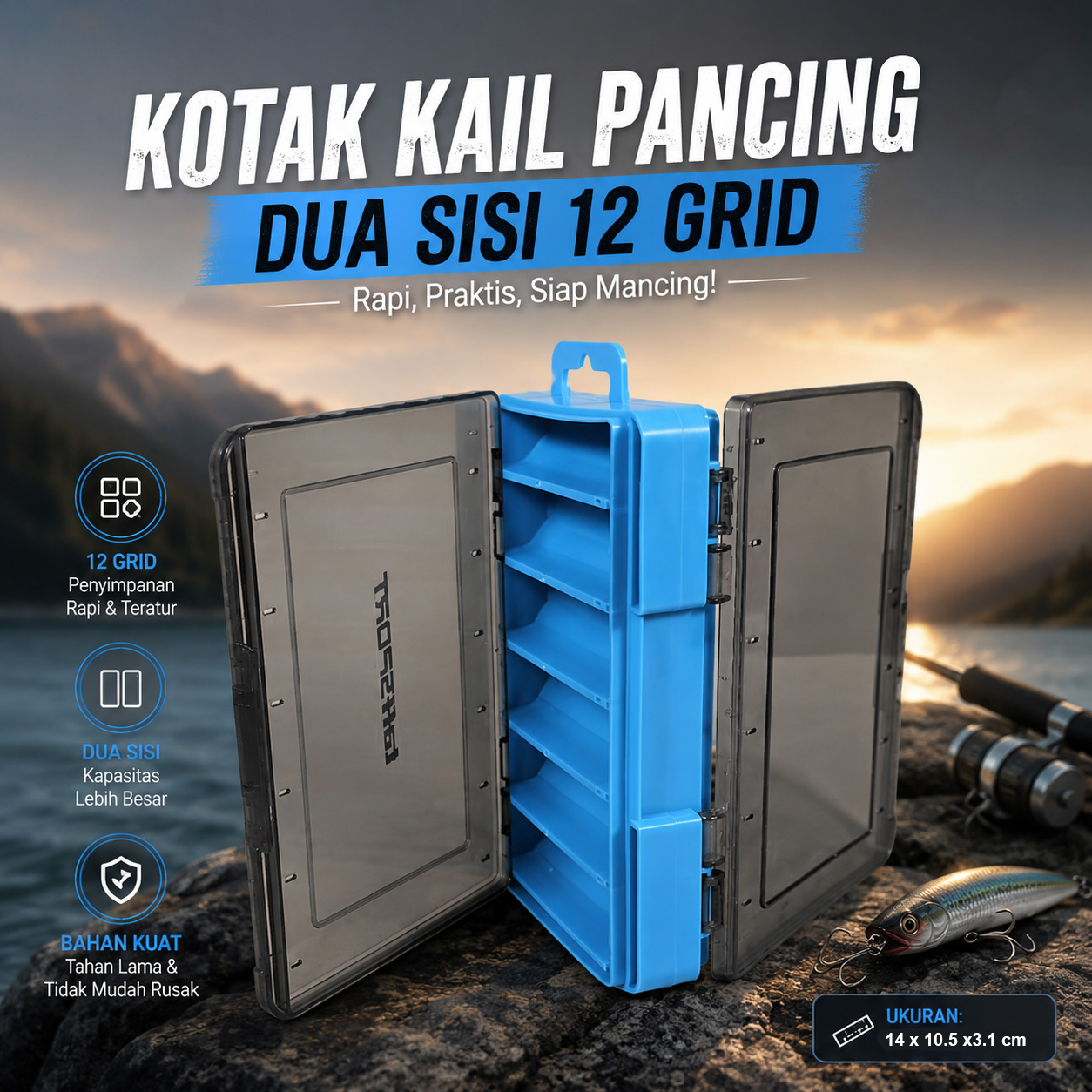 TaffSPORT Kotak Perkakas Pancing Kail Umpan Dua Sisi Tackle Box 12Grid - YR-12 Gambar produk TaffSPORT Kotak Perkakas Pancing Kail Umpan Dua Sisi Tackle Box 12Grid - YR-12 - Utama