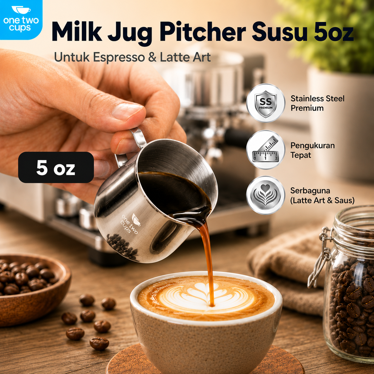 One Two Cups Milk Jug Pitcher Susu Latte Art Espresso Stainless Steel 5oz - S06HG Gambar produk One Two Cups Milk Jug Pitcher Susu Latte Art Espresso Stainless Steel 5oz - S06HG - Utama