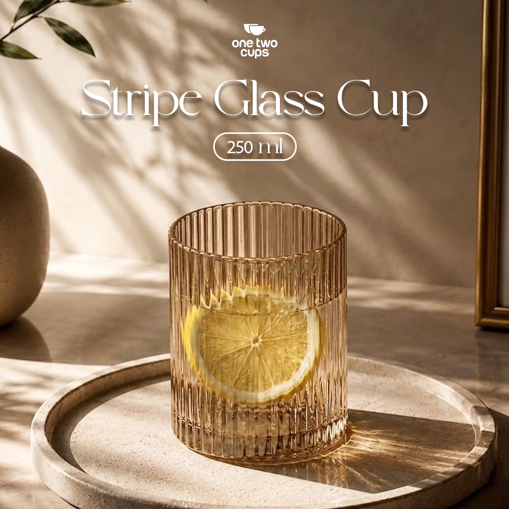 One Two Cups Gelas Kaca Aesthetic Kopi Teh Dirty Latte Stripe Glass 250ml - SH-25 Gambar produk One Two Cups Gelas Kaca Aesthetic Kopi Teh Dirty Latte Stripe Glass 250ml - SH-25 - Utama