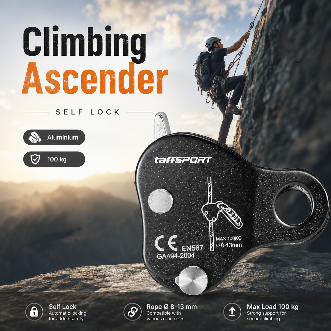 TaffSPORT Ascender Climbing Rope Grab Self Lock Aluminium Alloy - EN567 Gambar produk TaffSPORT Ascender Climbing Rope Grab Self Lock Aluminium Alloy - EN567 - Utama