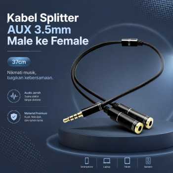 Gambar produk Overfly Kabel Splitter AUX 3.5mm Male ke Female Headphone Mic 37cm - AV114