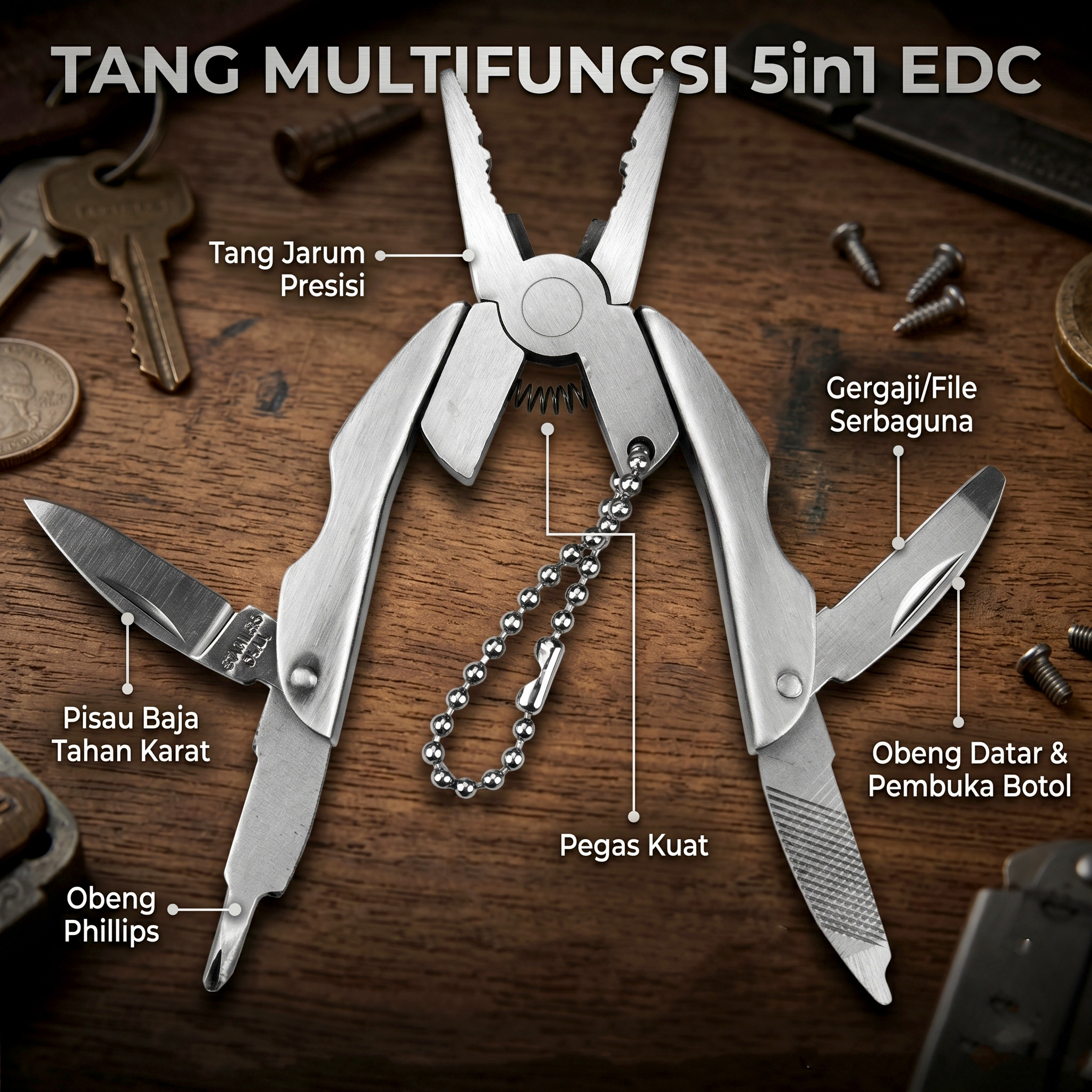 Tang Multifungsi 5in1 EDC Outdoor Multitool Stainless Steel Lipat - X5 Gambar produk Tang Multifungsi 5in1 EDC Outdoor Multitool Stainless Steel Lipat - X5 - Utama