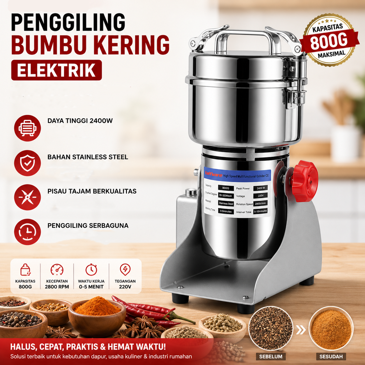 Taffware Penggiling Bumbu Kering Elektrik Spices Grinder 800g 2400W - HC-800Y Gambar produk Taffware Penggiling Bumbu Kering Elektrik Spices Grinder 800g 2400W - HC-800Y - Utama