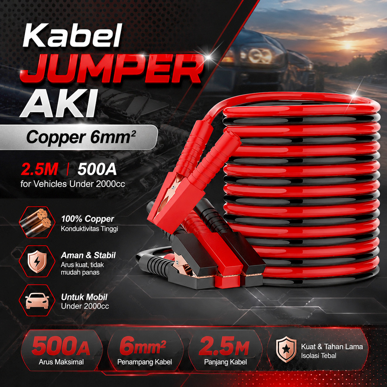 OTOHEROES Kabel Jumper Aki Copper 6mm^2 for Vehicles Under 2000cc 2.5M - D600 Gambar produk OTOHEROES Kabel Jumper Aki Copper 6mm^2 for Vehicles Under 2000cc 2.5M - D600 - Utama