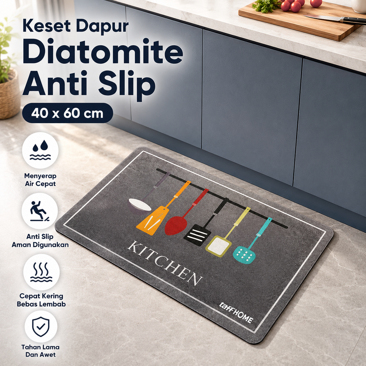 TaffHOME Keset Dapur Living Room Kitchen Diatomite Anti Slip 40x60cm Kitchen Spatula - D330 Gambar produk TaffHOME Keset Dapur Living Room Kitchen Diatomite Anti Slip 40x60cm Kitchen Spatula - D330 - Utama