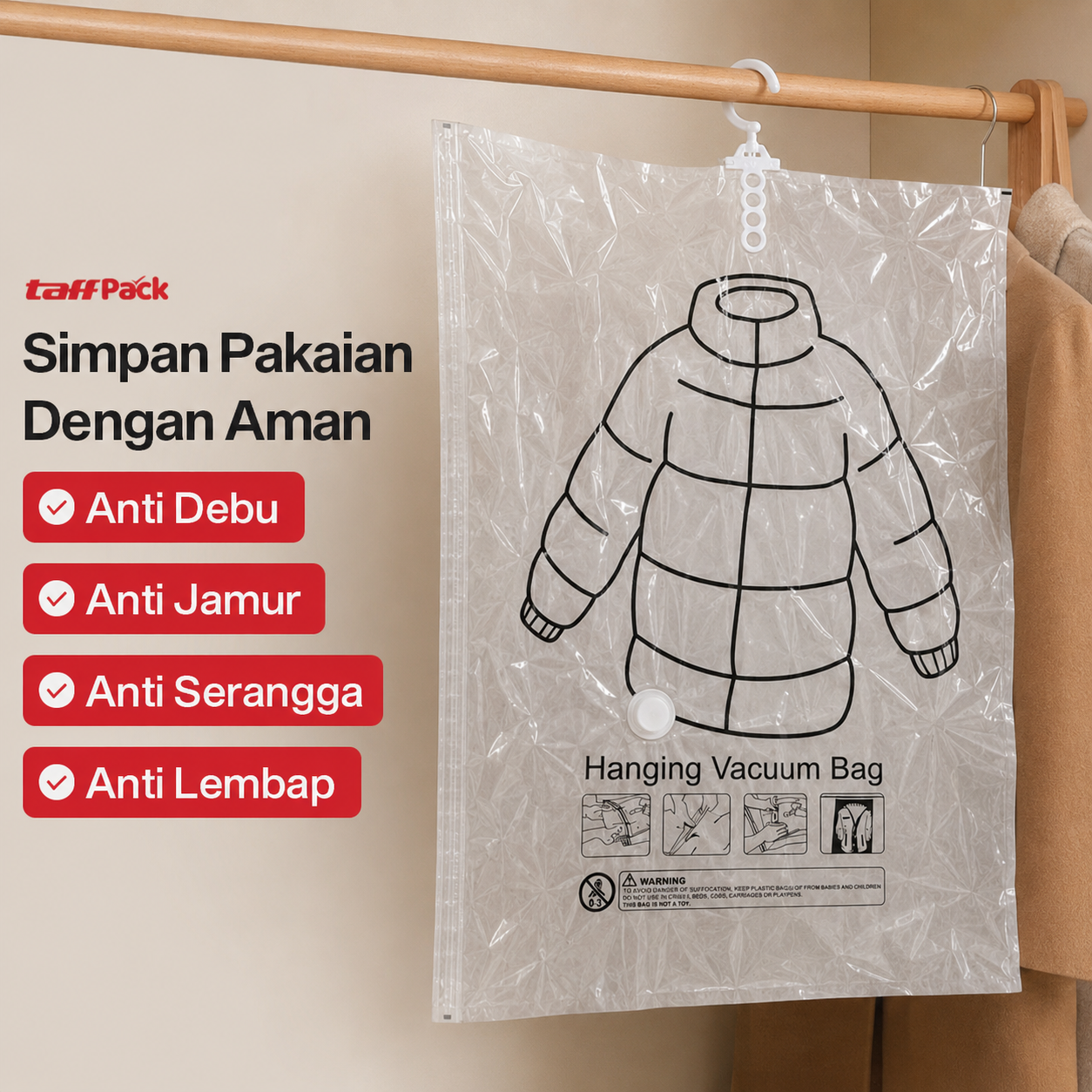 TaffPACK Plastik Vakum Gantung Pakaian Vacuum Compression Bag 1 PCS 70x90cm - MBF70 Gambar produk TaffPACK Plastik Vakum Gantung Pakaian Vacuum Compression Bag 1 PCS 70x90cm - MBF70 - 5