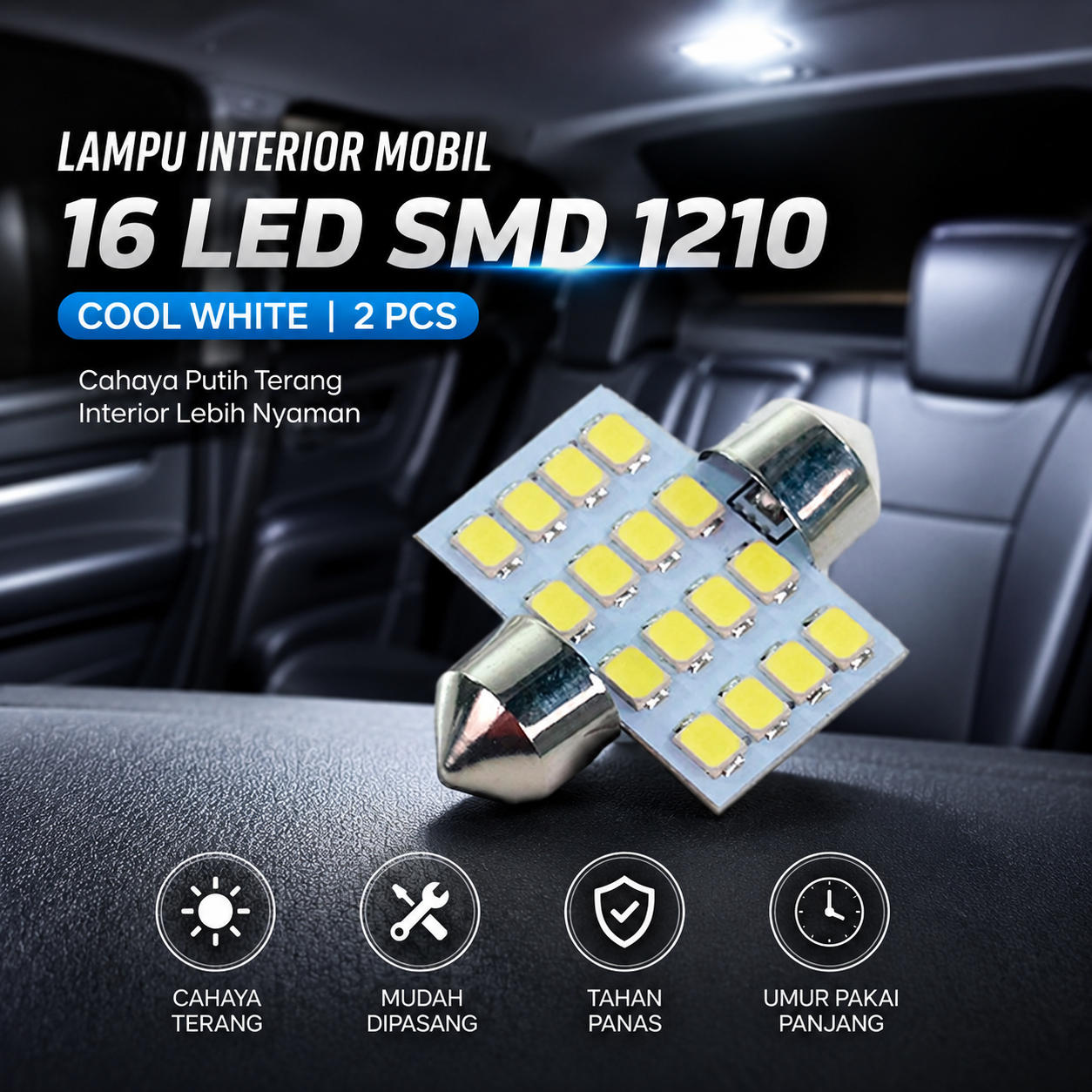 TaffLED Lampu Interior Mobil Kabin 16 LED SMD 1210 Cool White 2 PCS - BA11S Gambar produk TaffLED Lampu Interior Mobil Kabin 16 LED SMD 1210 Cool White 2 PCS - BA11S - Utama