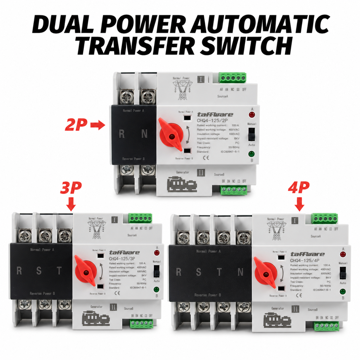 Taffware Din Rail Power Supply Automatic Control Transfer Switch 4P 100A - CHQ4-125/4P Gambar produk Taffware Din Rail Power Supply Automatic Control Transfer Switch 4P 100A - CHQ4-125/4P - 4