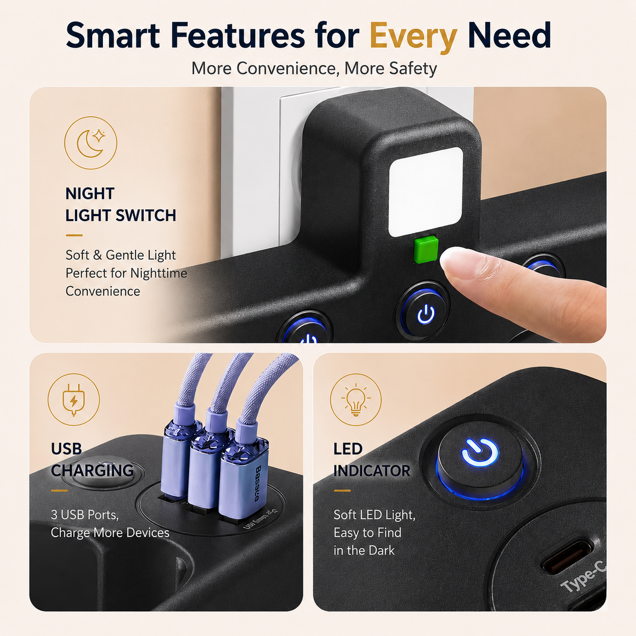 Taffware Stop Kontak LED Light USB Type C EU Plug 10A 250V 2500W 3 Soket - EU-8624UL / EU-8625UL Gambar produk Taffware Stop Kontak LED Light USB Type C EU Plug 10A 250V 2500W 3 Soket - EU-8624UL / EU-8625UL - 4
