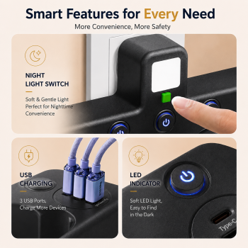 Gambar produk Taffware Stop Kontak LED Light USB Type C EU Plug 10A 250V 2500W 3 Soket - EU-8624UL / EU-8625UL - 4
