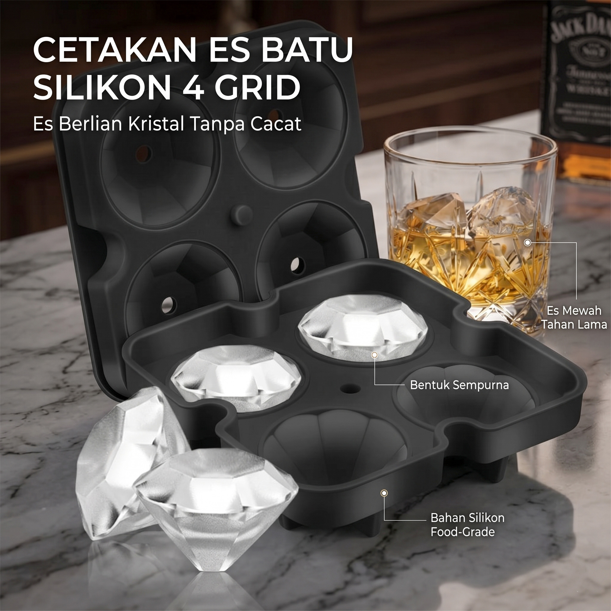 TaffHOME Cetakan Es Batu Silikon Berlian 4 Grid Ice Cube Mold - A1871 Gambar produk TaffHOME Cetakan Es Batu Silikon Berlian 4 Grid Ice Cube Mold - A1871 - Utama