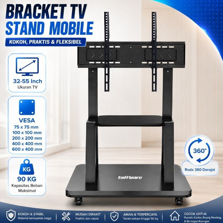 Taffware Bracket TV Floor Stand Wheel VESA 200x200 for 32-55 Inch TV - T730 Gambar produk Taffware Bracket TV Floor Stand Wheel VESA 200x200 for 32-55 Inch TV - T730 - Utama