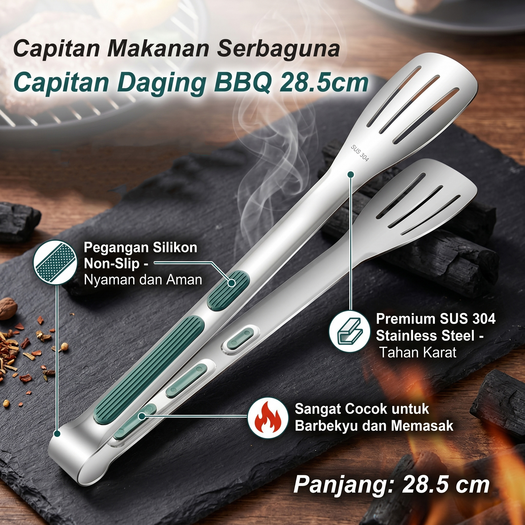DONO Capitan Daging BBQ Jepitan Makanan Stainless Steel 28.5cm - INU56 Gambar produk DONO Capitan Daging BBQ Jepitan Makanan Stainless Steel 28.5cm - INU56 - Utama