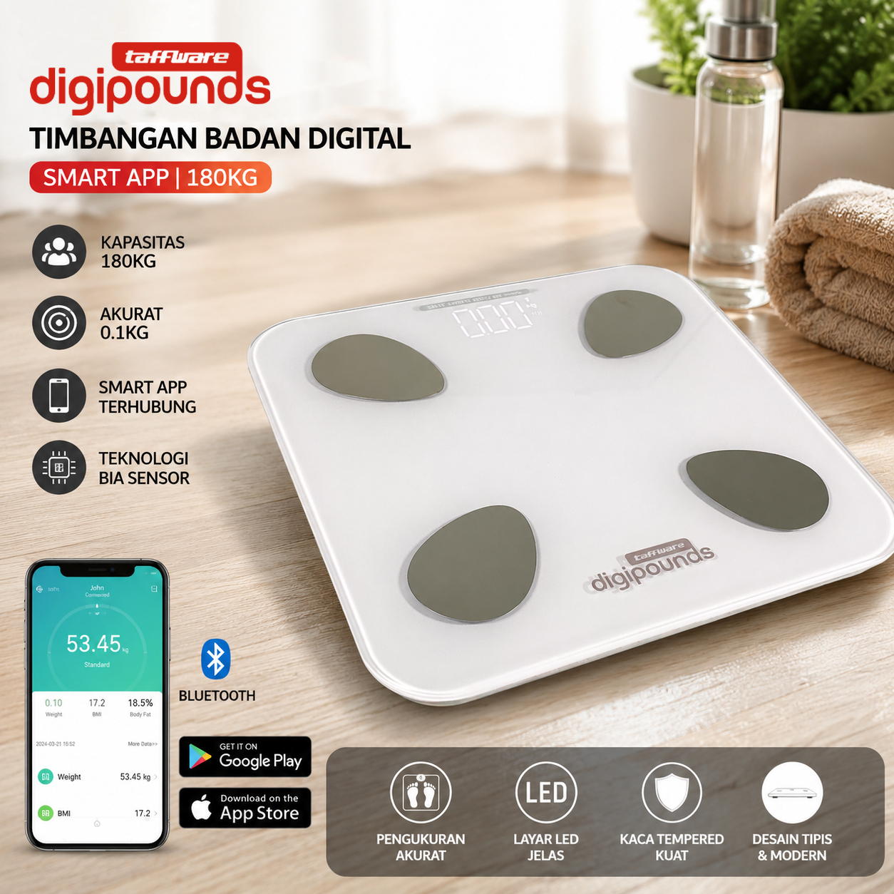 Taffware Digipounds Timbangan Badan Digital Scale Smart App 180kg - FL7081 Gambar produk Taffware Digipounds Timbangan Badan Digital Scale Smart App 180kg - FL7081 - Utama