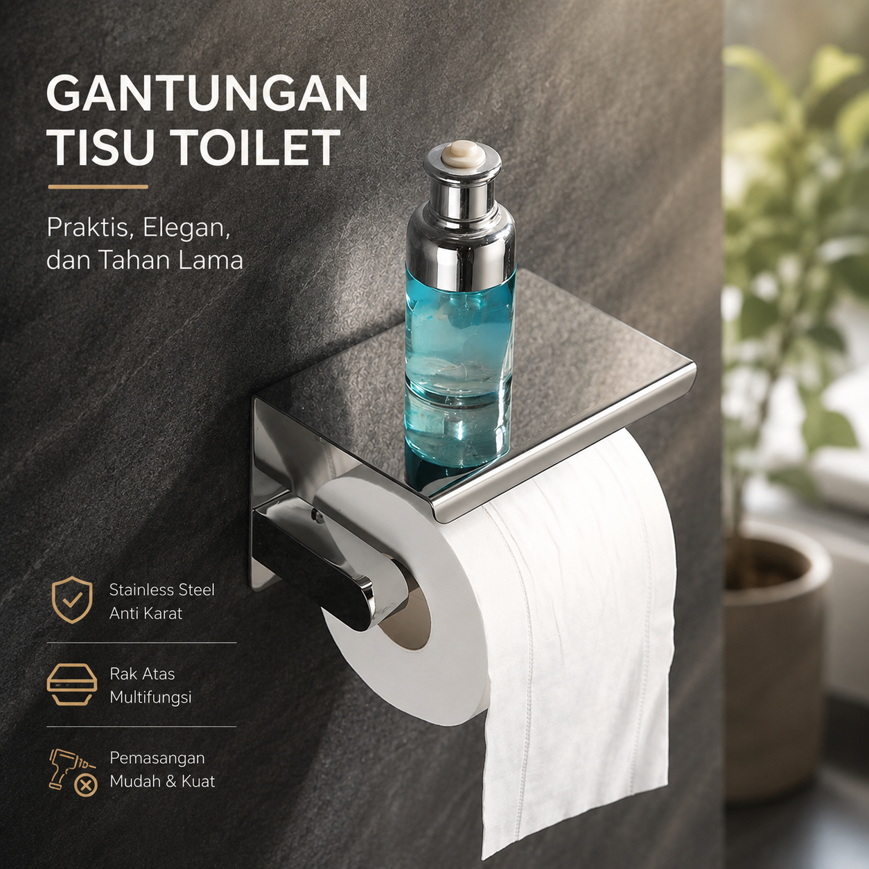HOUSEEN Gantungan Tempat Tisu Toilet Tissue Wall Mount - HJ56 Gambar produk HOUSEEN Gantungan Tempat Tisu Toilet Tissue Wall Mount - HJ56 - Utama
