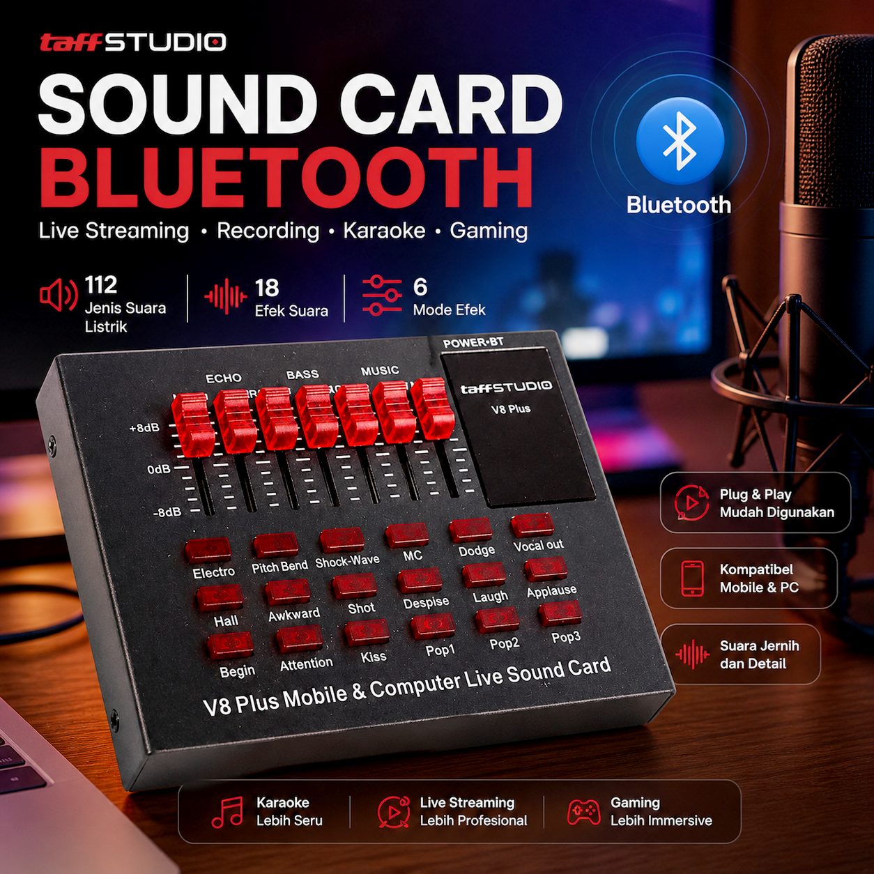 TaffSTUDIO Sound Card Bluetooth USB External Live Mic Headset - V8 Plus Gambar produk TaffSTUDIO Sound Card Bluetooth USB External Live Mic Headset - V8 Plus - Utama