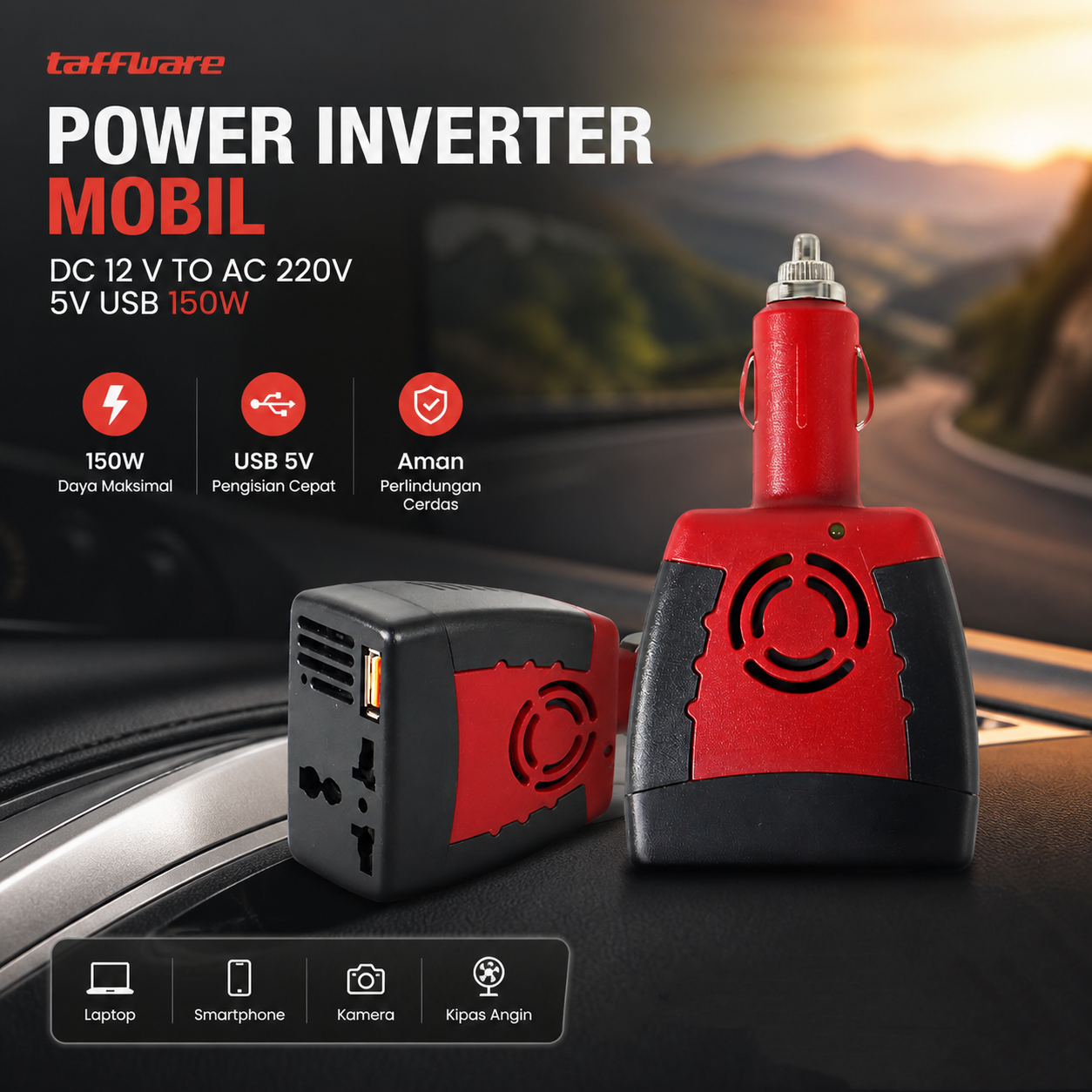 Taffware Power Inverter Mobil Car Mini DC 12 V to AC 220V 5V USB 150W - T150W Gambar produk Taffware Power Inverter Mobil Car Mini DC 12 V to AC 220V 5V USB 150W - T150W - Utama