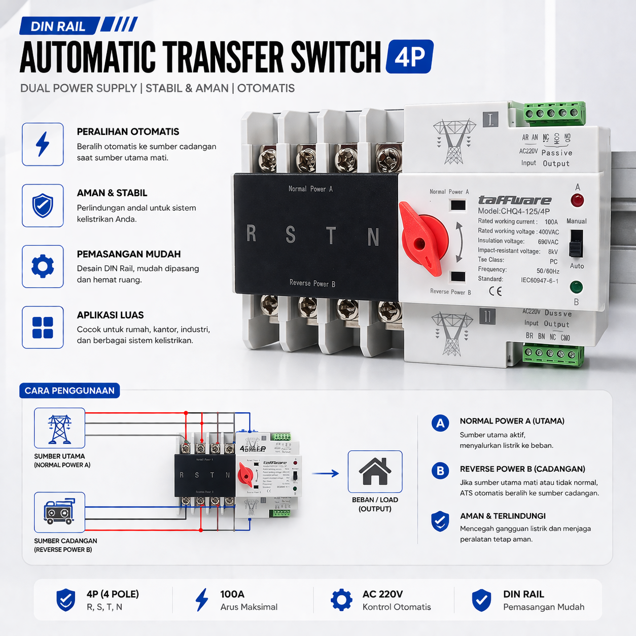 Taffware Din Rail Power Supply Automatic Control Transfer Switch 4P 100A - CHQ4-125/4P Gambar produk Taffware Din Rail Power Supply Automatic Control Transfer Switch 4P 100A - CHQ4-125/4P - 2